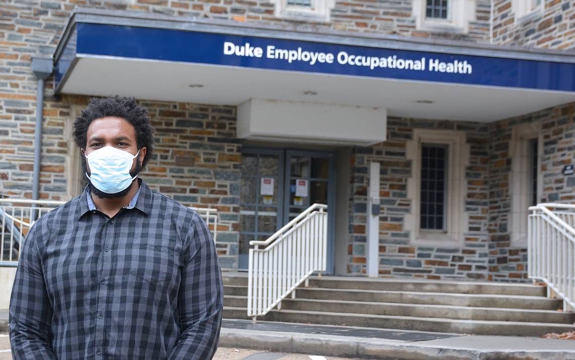 Brandon Harper, a former Duke Football player, is now a lead contact tracer for Duke Employee Occupational Health & Wellness. Photo by Jonathan Black.