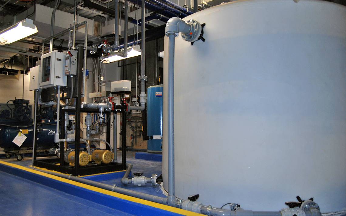 A 2,500-gallon tank holds brine that can be used for both Chiller Plant No. 2 and for preparing campus for winter weather. Photo by Stephen Schramm.