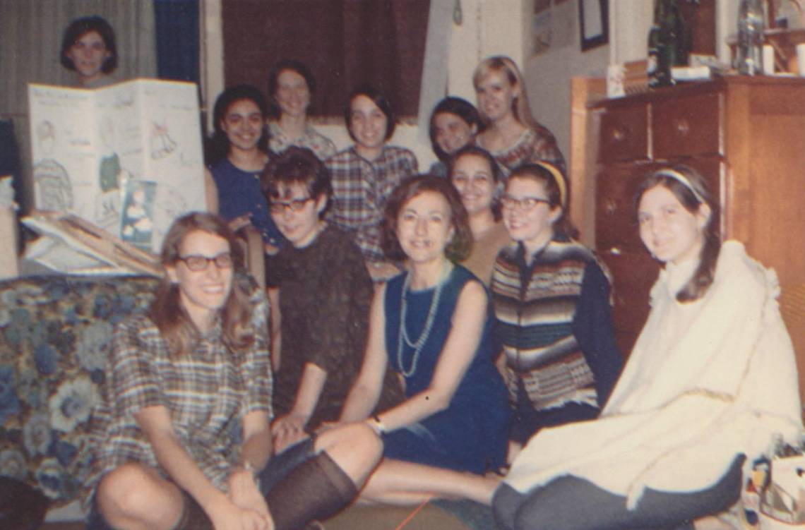 Anne-Marie Bryan, middle, with French language students.