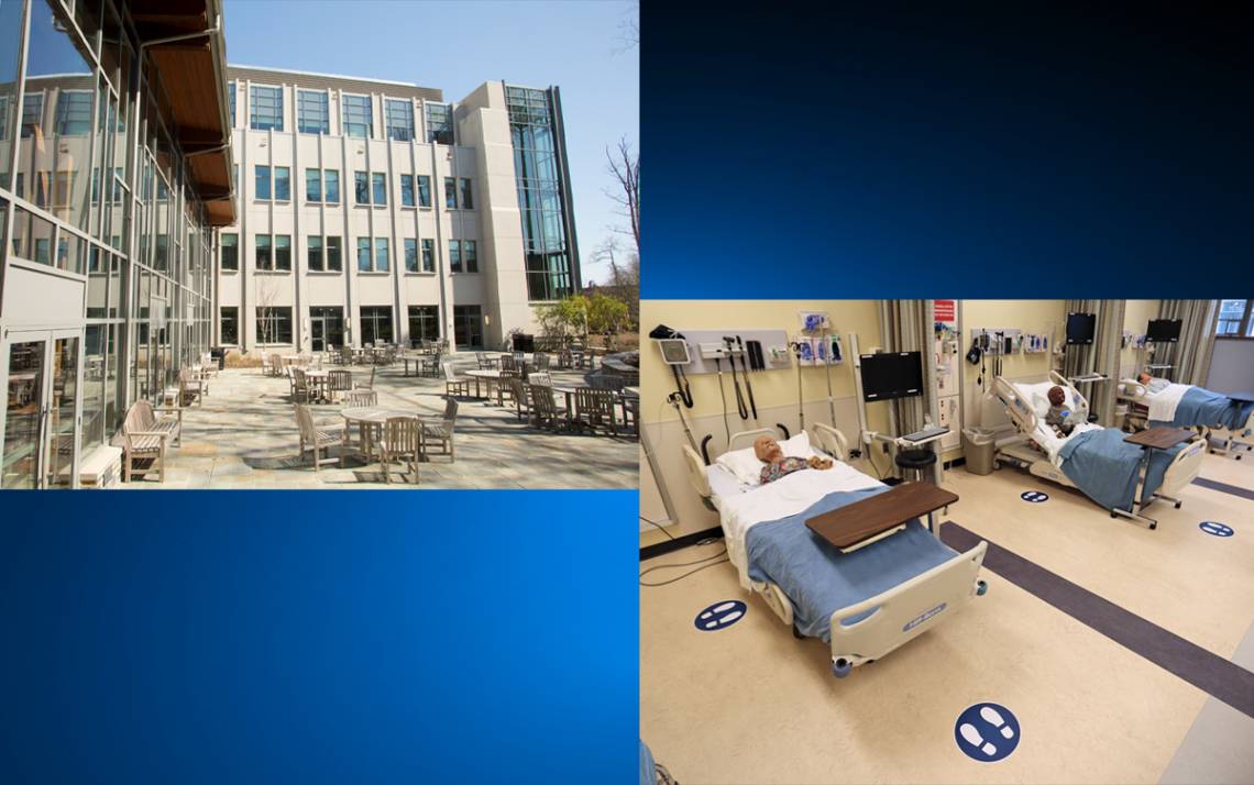 A collage of photos of a building and a simulated patient room.