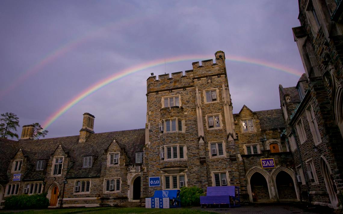 A rainbow over Duke's campus.