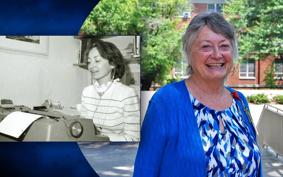 Carol May, shown in her first year at Duke and in her 50th, has seen plenty of change during her time here.