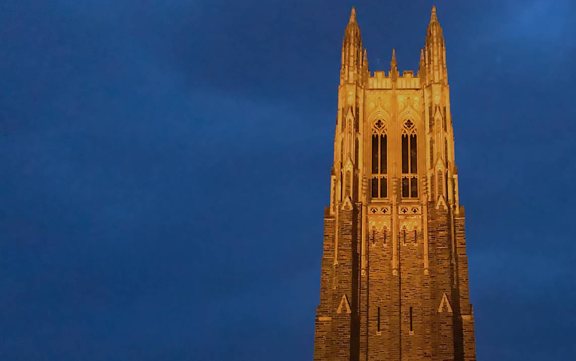 Duke University Chapel is shown here illuminated at night in early 2019. Photo by University Communications.