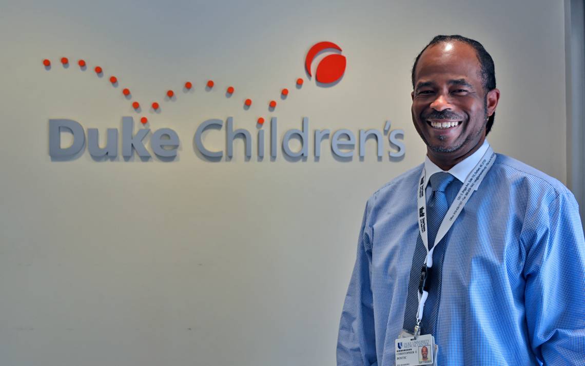 Chris Bostic makes sure patients at Duke Health Center on Roxboro Road are greeted with cheerful warmth.