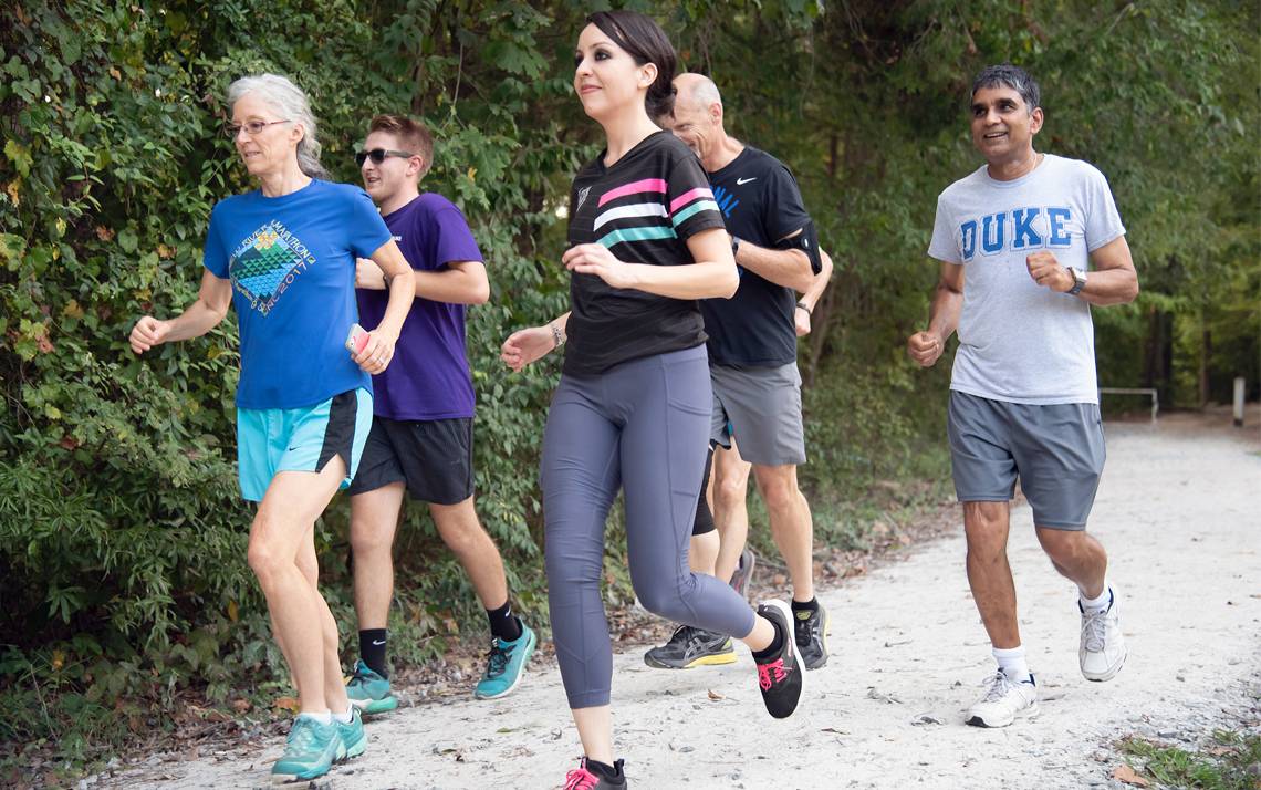 Participants of the Duke Run/Walk Club workout on the Al Buehler Trail. Photo by Les Todd.