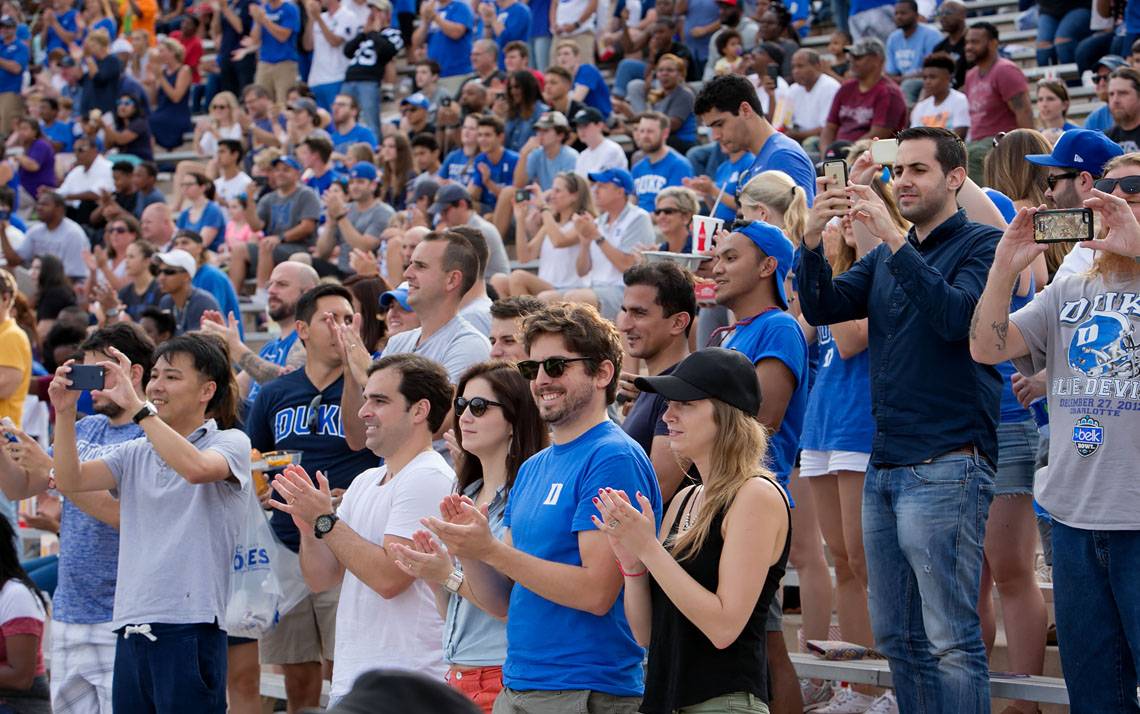 Fans at Brooks Field at Wallace Wade Stadium watch Duke play North Carolina Central.