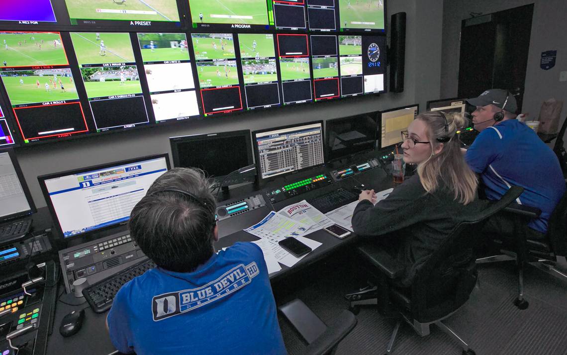 The Blue Devil Network control room is a hive of activity on game day. Photo by Megan Mendenhall.