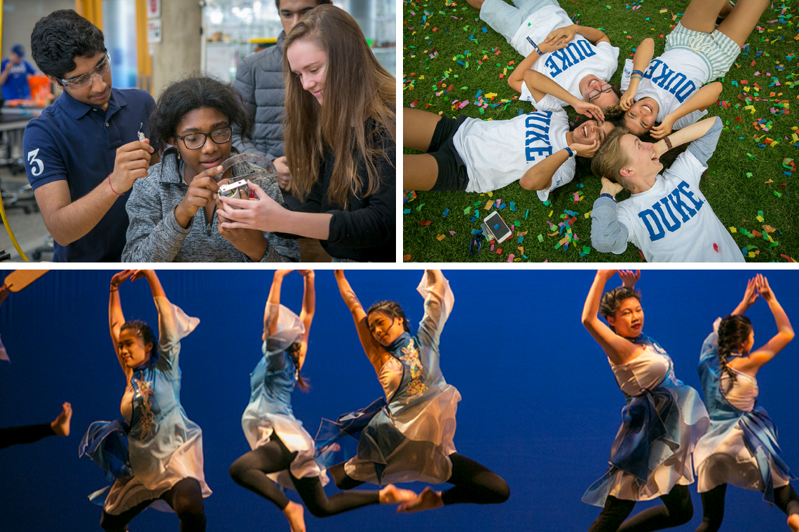 Duke philanthropy is assisting greater access for students to extraordinary educational opportunities. Clockwise: An innovative first-year engineering class, orientation week for the Class of 2023, and a student dance group.