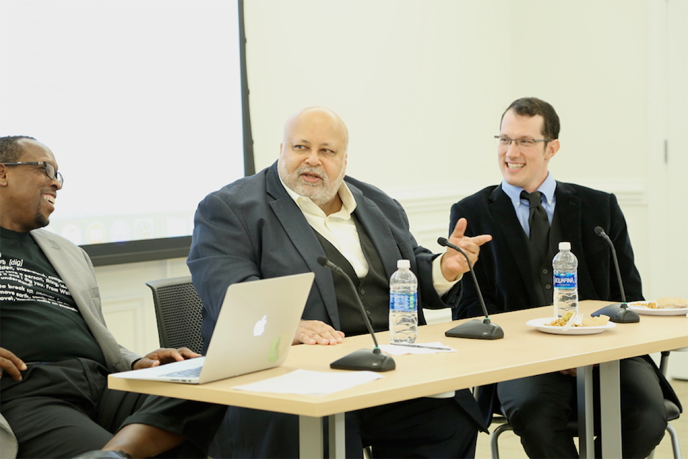 Conductor/Composer William Curry speaks at the panel while Mark Anthony Neal, left, and Jonathan Cooper join in the discussion. Photo by Catherine Angst