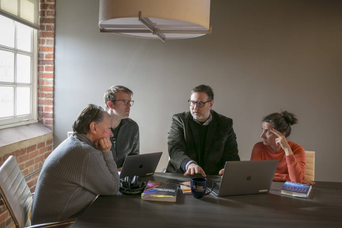 Duke Kunshan University faculty members Kathy Robertson; Bill Parsons, associate professor of political science; Benjamin Bacon, associate professor of media arts; and Kolleen Guy, associate professor of history