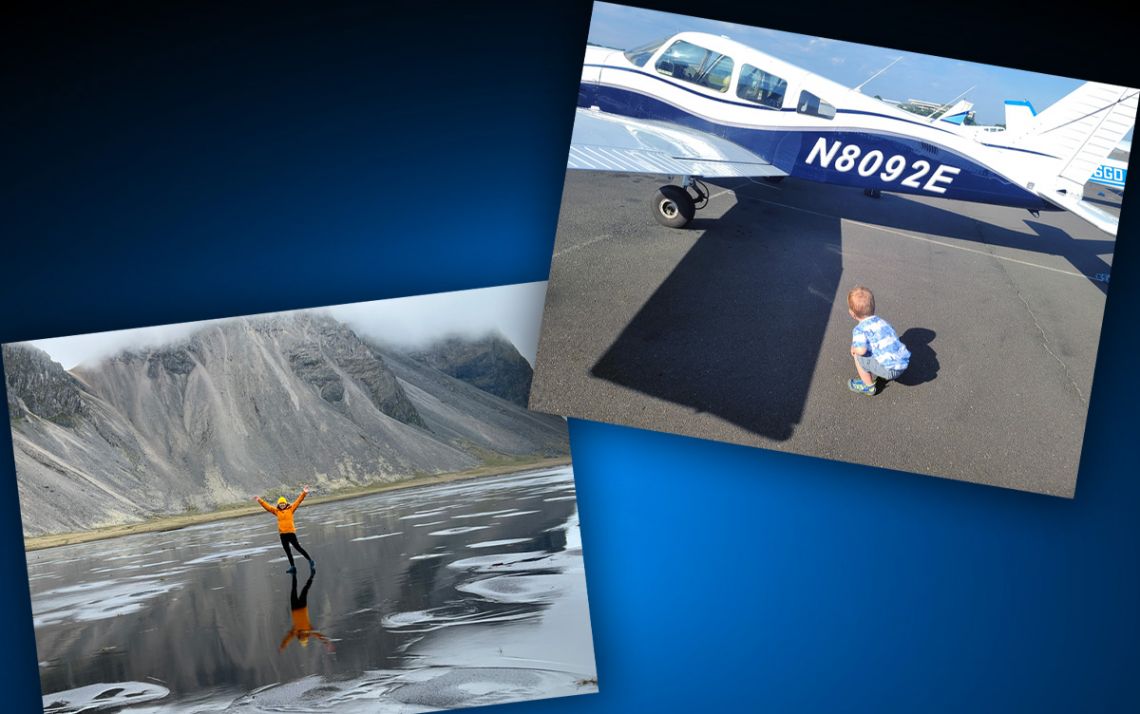 A woman in front of a mountain and a baby looking at an airplane.