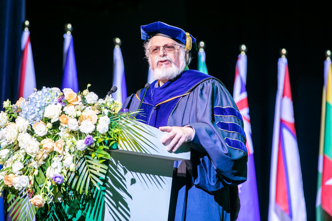 Denis Simon speaks at the Duke Kunshan University undergraduate convocation in August 2019