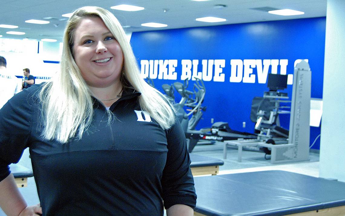 Assistant Director of Athletic Medicine Devin Demyanovich helps keep Duke's athletes healthy. Photo by Stephen Schramm.