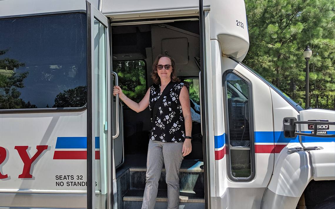 Katie Kilroy rides Duke's downtown shuttle to the Duke Farmers Market. Photo courtesy of Katie Kilroy.