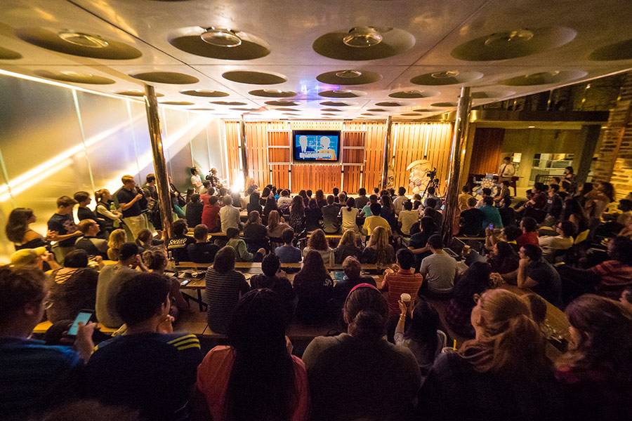 Students gathered to watch the debate in the West Union Devils Krafthouse. Professor Michael Munger spoke before the event about the nature of presidential debates. Photo by Shaun King