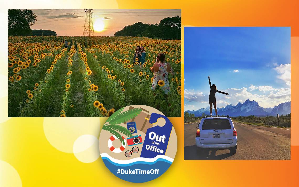 The winning photos from the #DukeTimeOff photo contest feature a field of sunflowers and a woman on a car.