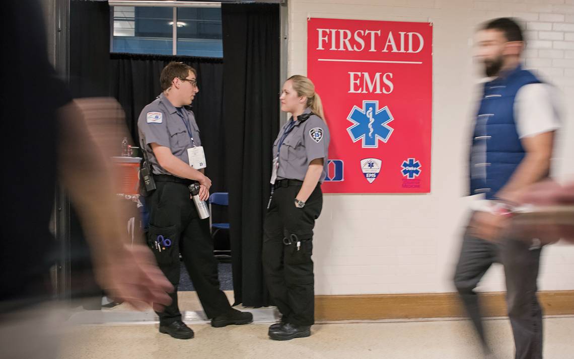 As part of their Duke EMS duties, Duke students volunteer at men's basketball games in Cameron Indoor Stadium. Photo by Duke Photography