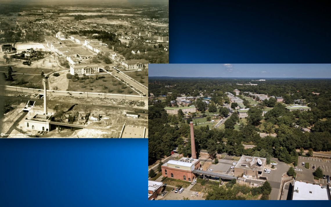 Images of East Campus from 1928 and 2019. Images courtesy fo Duke University Archives and University Communications.