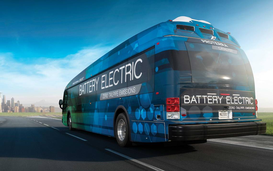 The 40-foot Proterra Catalyst E2 bus releases zero tail pipe emissions, requires no oil changes and uses no liquid fuels. Photo courtesy of Proterra.