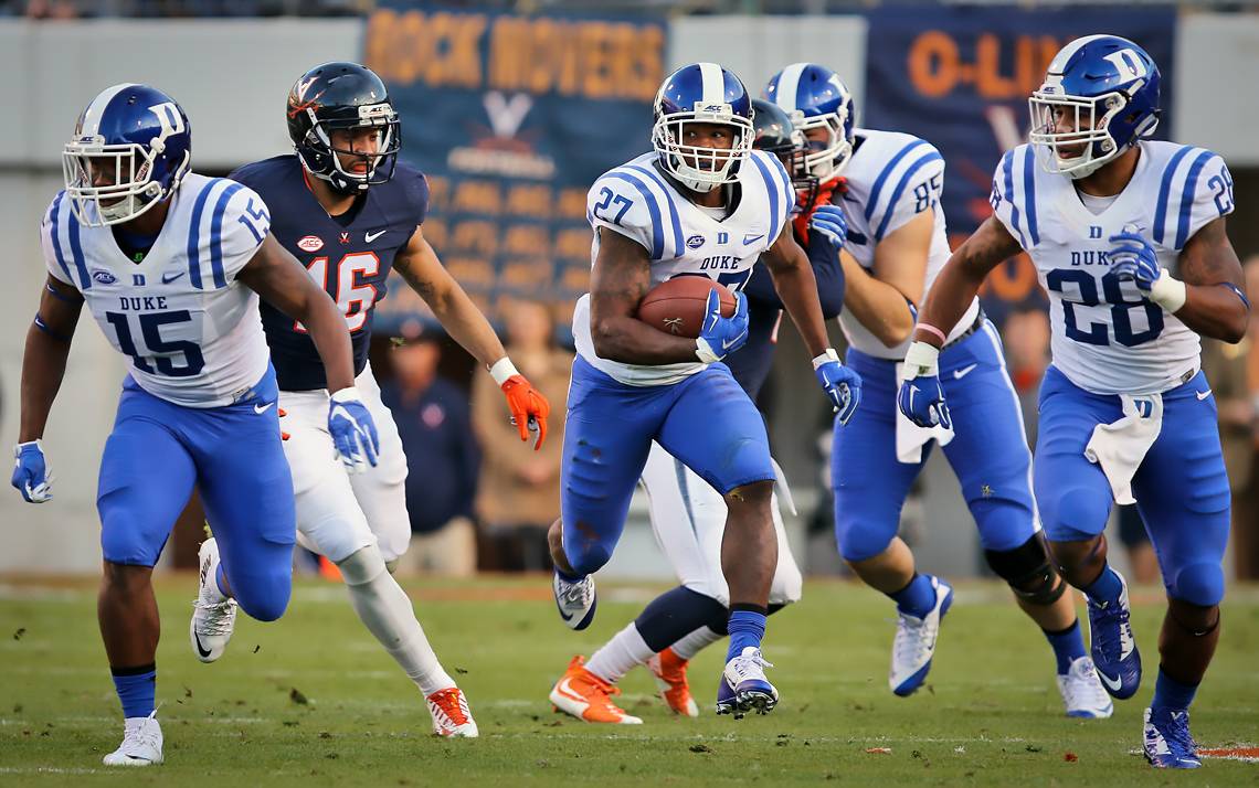 Duke employees can cheer on DeVon Edwards and the rest of the Duke football team for free as part of the Employee Kickoff Celebration. Photo courtesy of Duke Athletics.