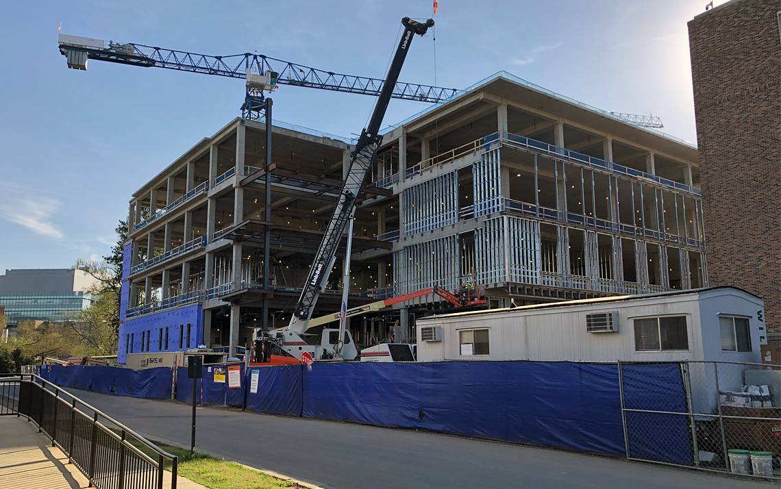 Duke's new engineering building continues to rise in the heart of West Campus. Photo by Leanora Minai.