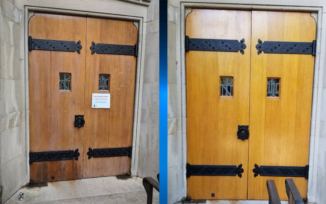 At left, doors of Duke university Chapel before this summer's renovation project. At right, the doors after the work was completed. Photos courtesy of Duke Facilities Management.