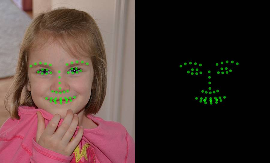 One the left, a picture of the child; on the right, green dots showing the points on the face that the software detects