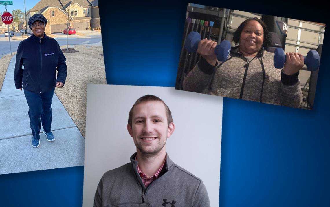 Duke employees Sylvia McCauley, left, Dustin Champion, center, and Barbara Stokes, right, developed fitness routines for working out at home.