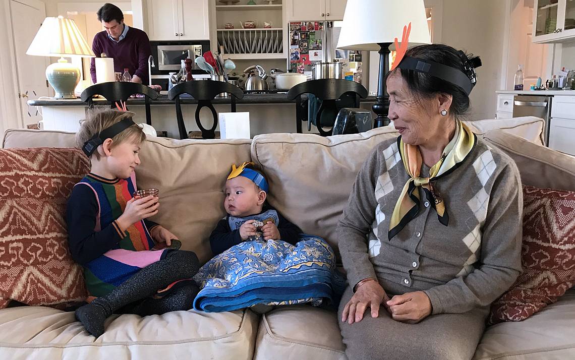 A Duke family hosts a visiting international scholar from Mongolia for Thanksgiving dinner. Photo courtesy of Duke International House.