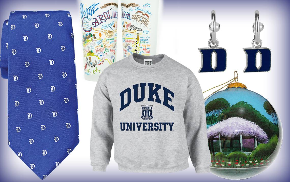 Gifts available from Duke Stores, including a sweatshirt, holiday ornaments, jewelry and ties.