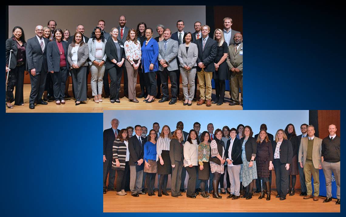 The classes of the Duke Management Academy, top, and Duke Leadership Academy, bottom, celebrated their graduation with a ceremony at the Nasher Museum of Art. Photos by Jonathan Black.