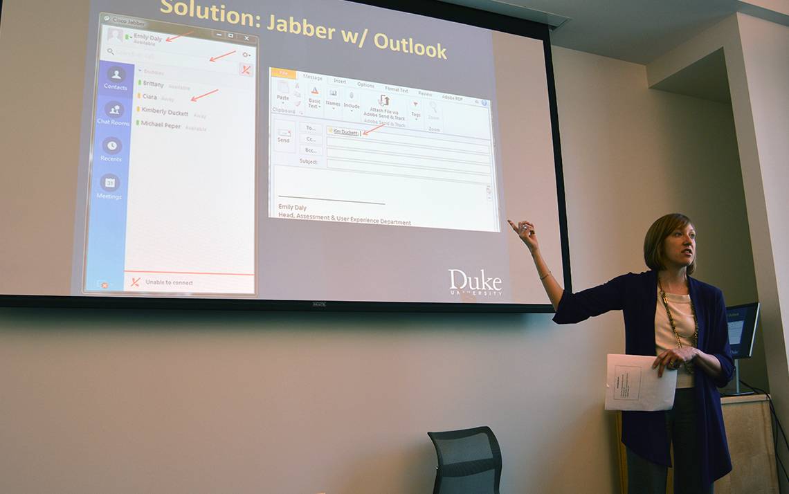 Emily Daly of Duke University Libraries shares WebEx and Jabber tips during a 