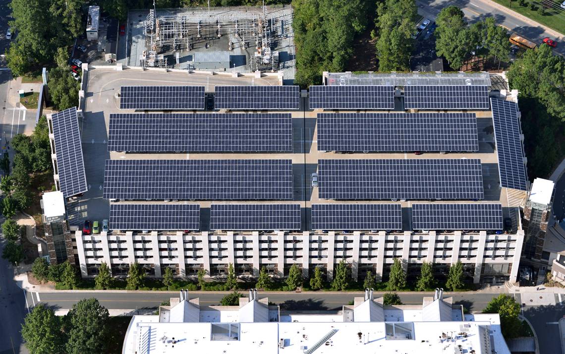 The 2,554 solar panels sit atop Research Drive Parking Garage. Photo by Duke Facilities Management.