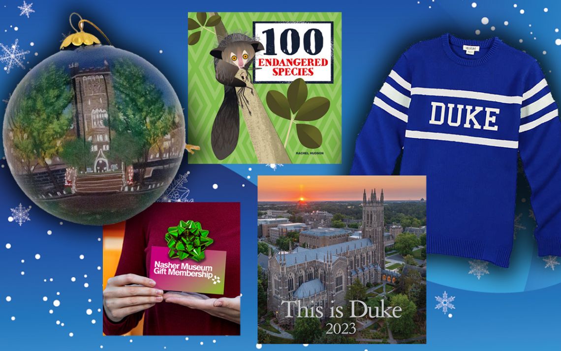A collage featuring an ornament, book, sweater, calendar and gift card.