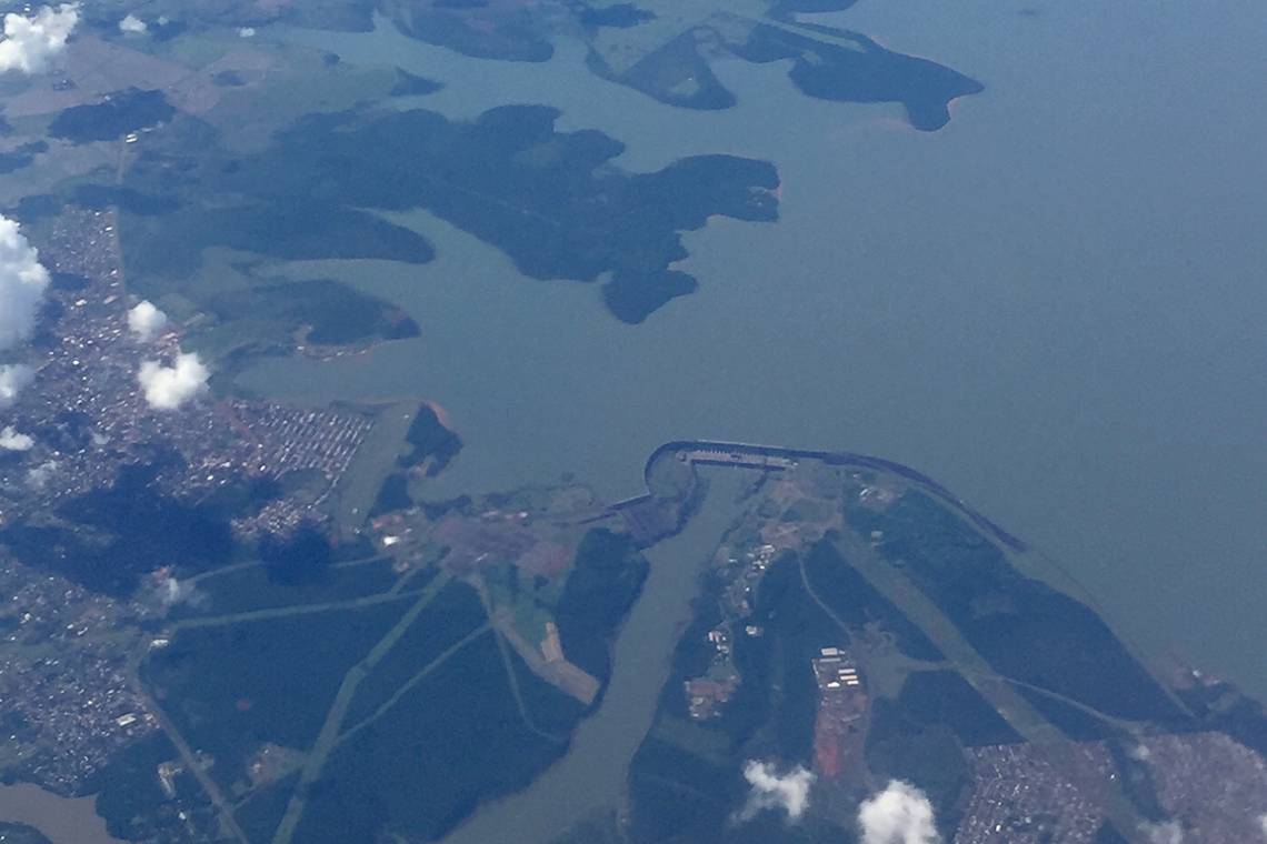 Aerial view of Itaipú Binational Dam, located on the border of Paraguay and Brazil.
