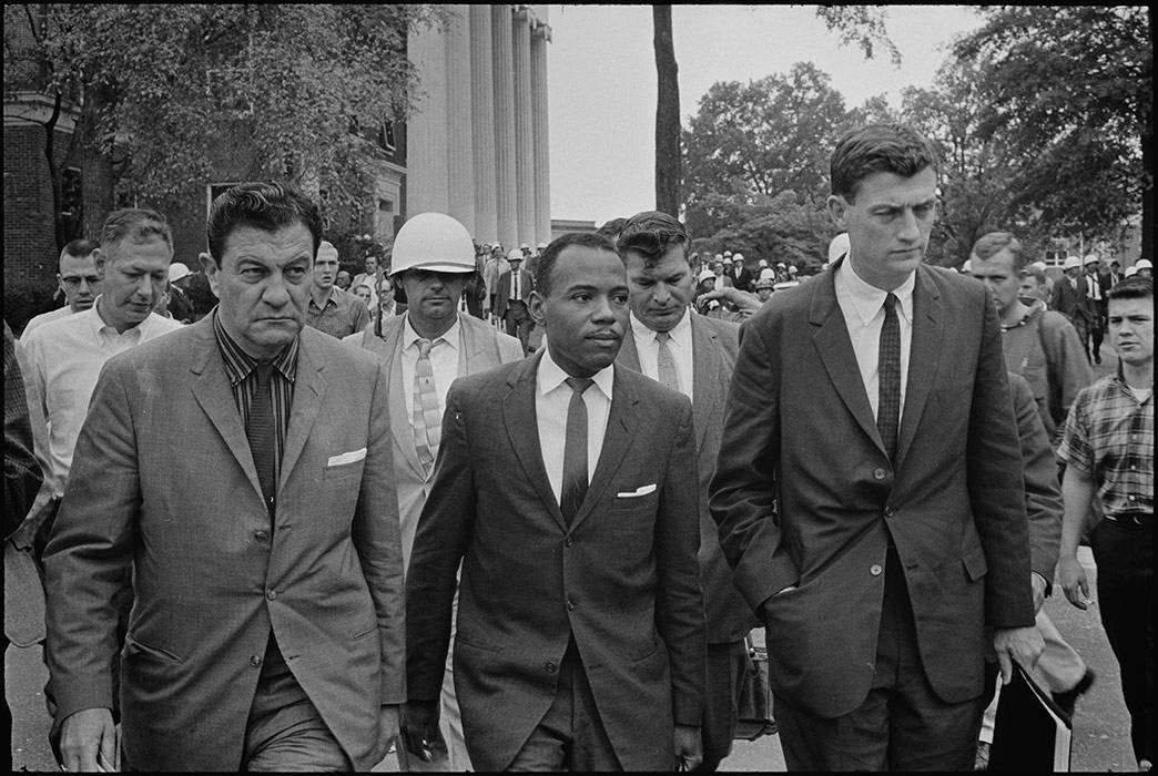 James Meredith walks to class at the University of Mississippi in 1962, accompanied by U.S. Marshal James McShane (left) and John Doar of the Justice Department. Photo by Marion S. Trikosko, U.S. News & World Report, via Wikimedia Commons.