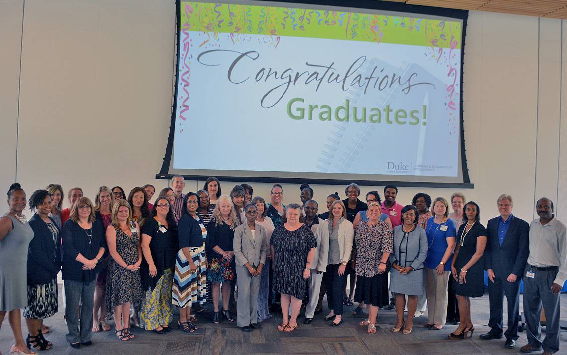 About 70 Duke employees received their Excellence Certificates at Duke Learning & Organization Development's graduation ceremony in June. Photo by Jonathan Black.