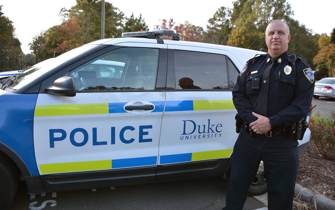Brown works the night shift– 6 p.m. to 6 a.m. – as a sergeant with the Duke University Police Department.  Photo by Jonathan Black.