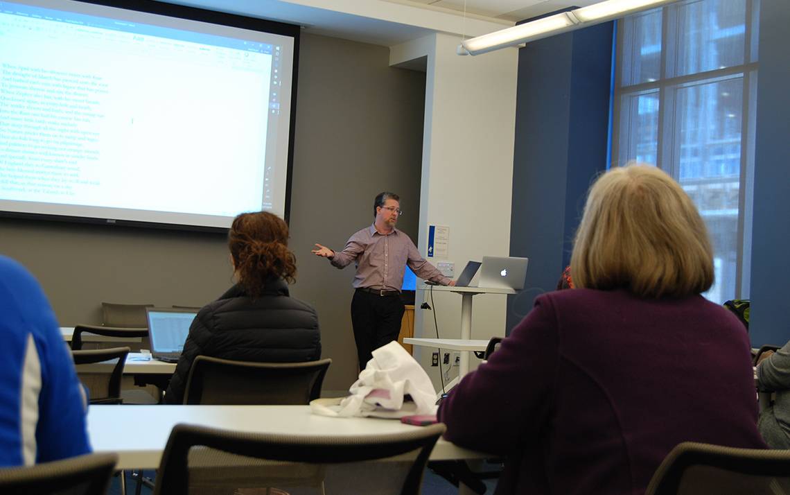 Matt Royal of Duke's Office of Information Technology presents at a recent Learn IT @ Lunch workshop. Photo by Stephen Schramm.