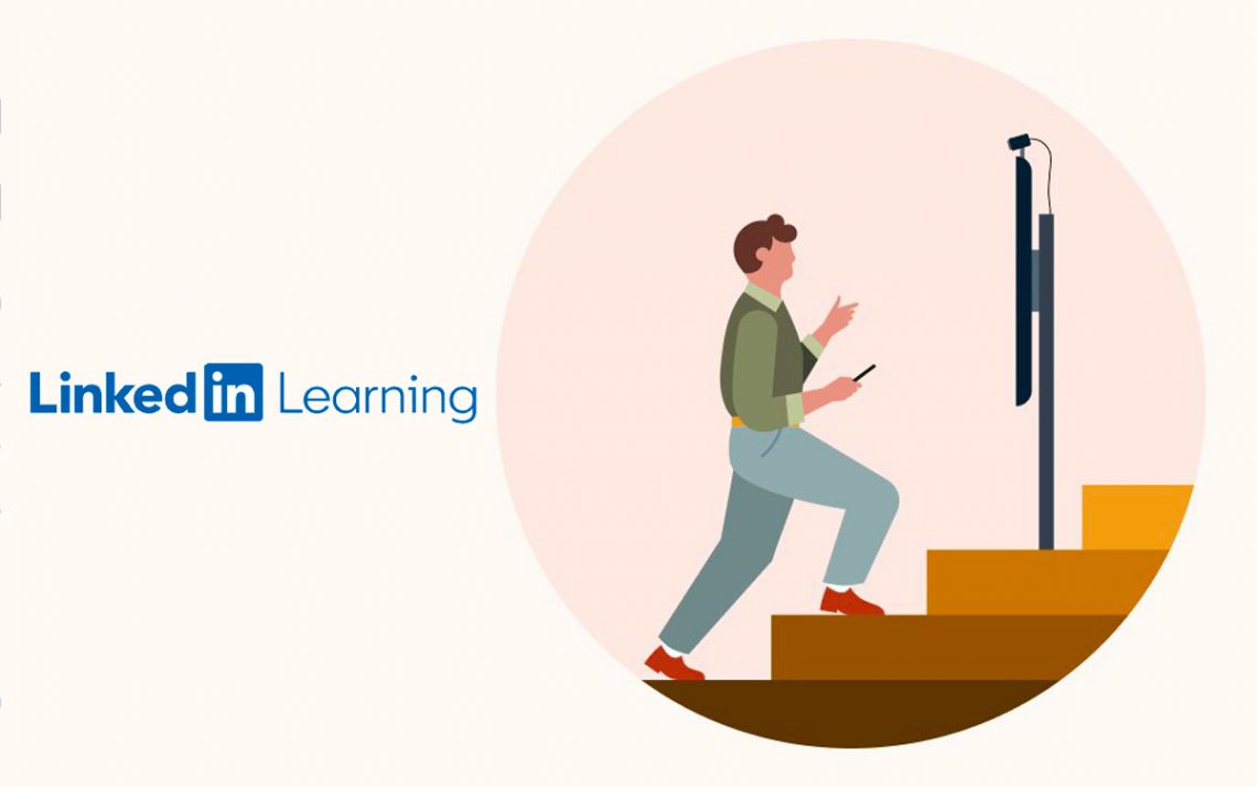 A LinkedIn Learning logo with a person walking up steps.