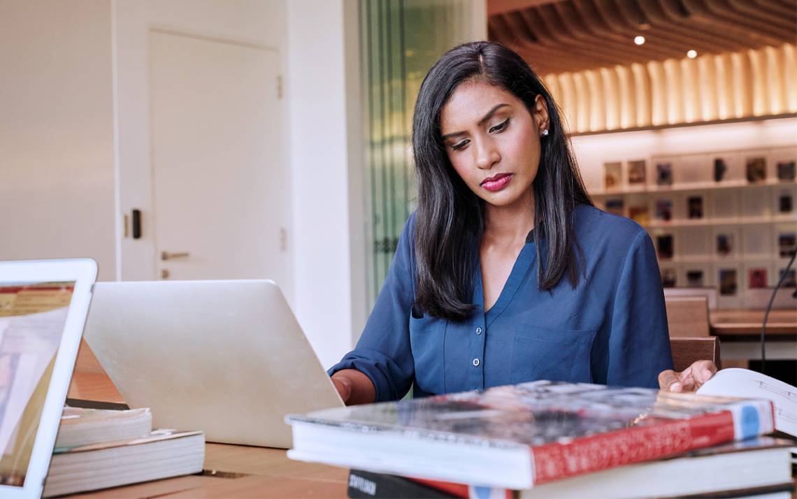 Woman at a computer.