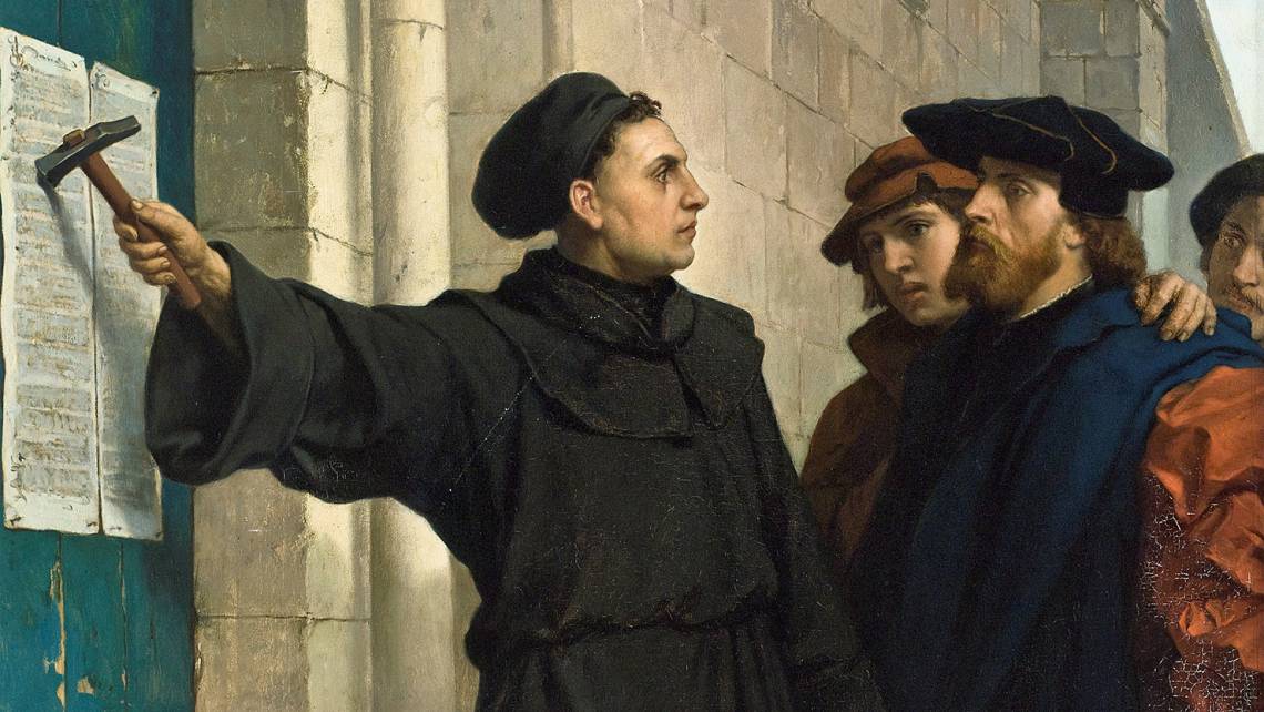 Martin Luther posting his 95 theses in 1517. From painting by Belgian artist Ferdinand Pauwels, via Wikimedia Commons.