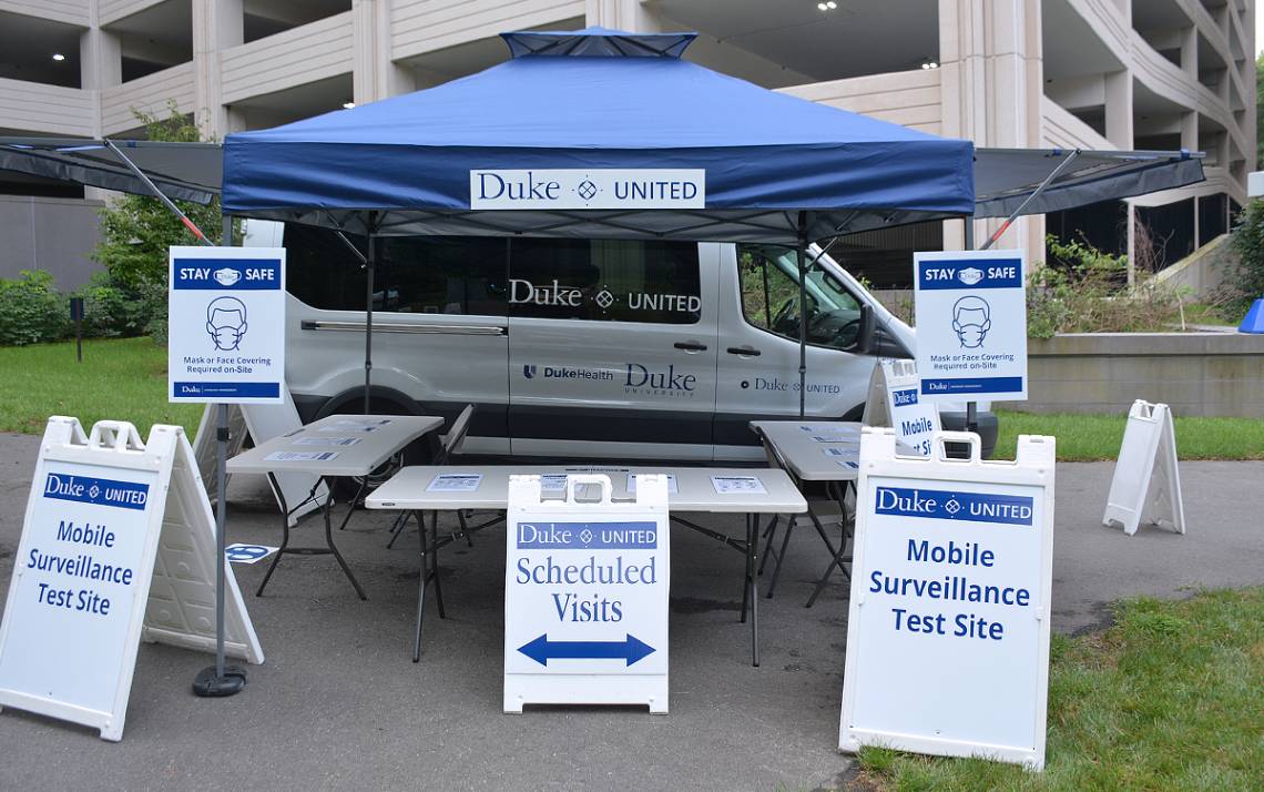 A 12-passenger van will travel around Durham to make it more convenient for employees and students living off-campus to self-administer a COVID-19 test. Photos by Jonathan Black.