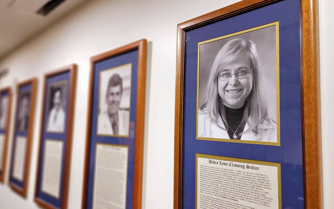 Debra Sudan's portrait, far right, hangs among the other Duke Surgery Master Surgeons. Photo courtesy of Duke Surgery.