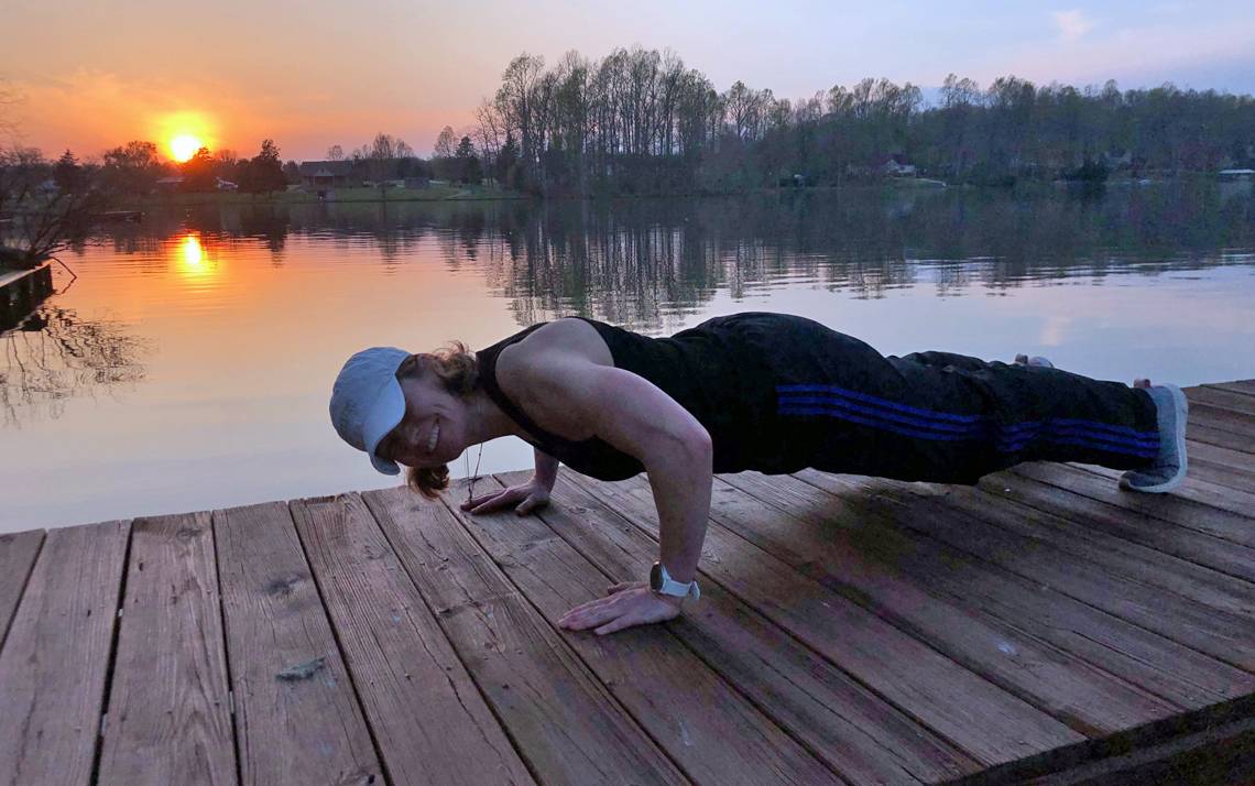 Michelle Mosberger performs push-ups at her home in Hillsborough. Photo courtesy of Michelle Mosberger.