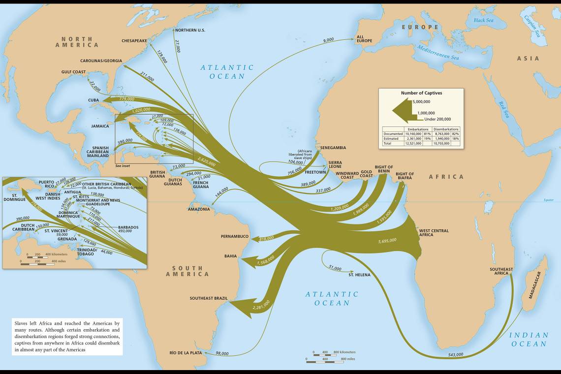 Map of slave-trade voyages across the Atlantic. (Emory Center for Digital Scholarship, Mellon Foundation)