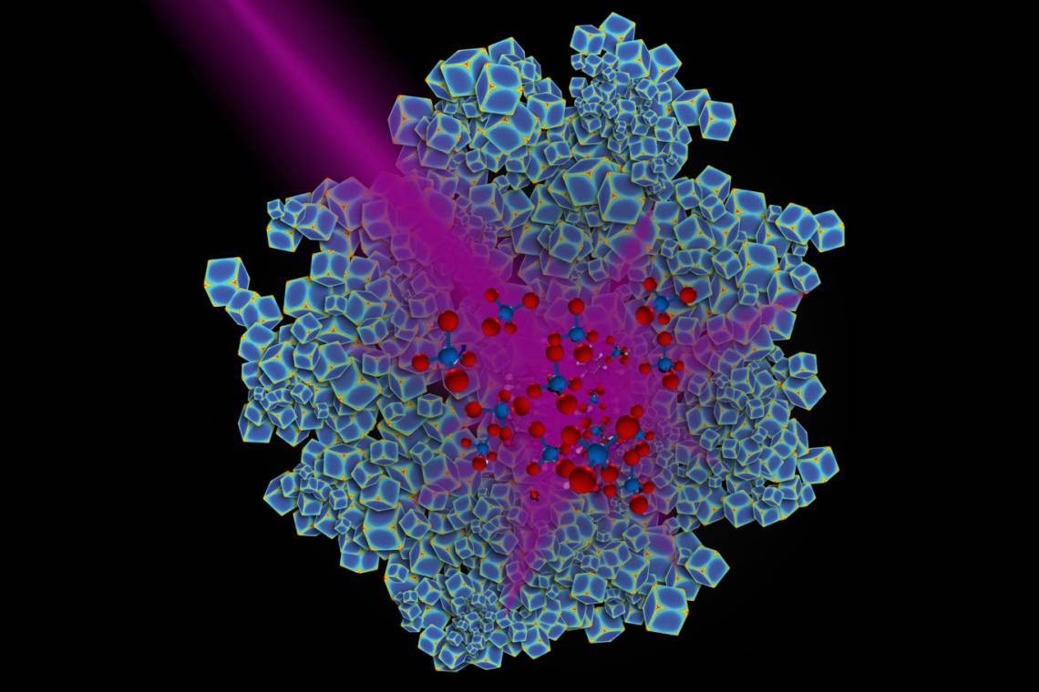 Duke University researchers have engineered rhodium nanoparticles (blue) that can harness the energy in ultraviolet light and use it to catalyze the conversion of carbon dioxide to methane, a key building block for many types of fuels. Credit: Chad Scales