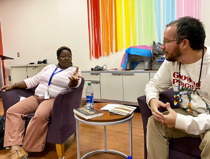 Rev. Racquel Gill (left), minister for intercultural engagement at Duke Chapel, leads a discussion about Native theology with Rev. Alex Stayer-Brewington of Westminster Presbyterian Church. Credit: Amanda Solliday / University Communications