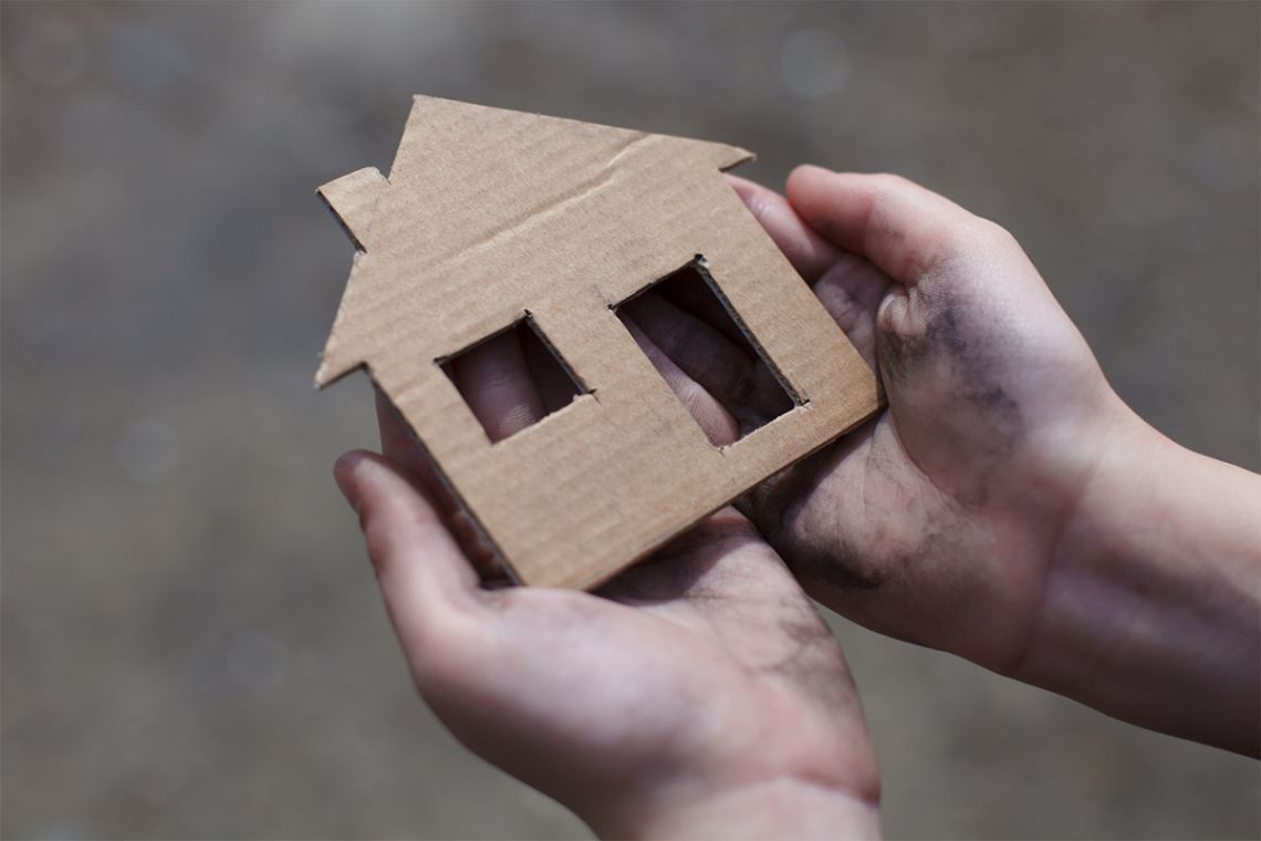 Image of child holding a cardboard house