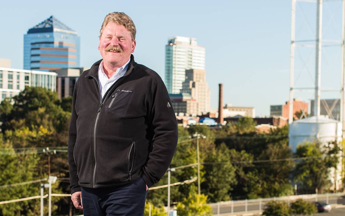 Duke Molecular Physiology Institute Director Christopher Newgard is one of roughly 4,000 Duke employees who work in leased space in downtown Durham. Photo by Justin Cook.